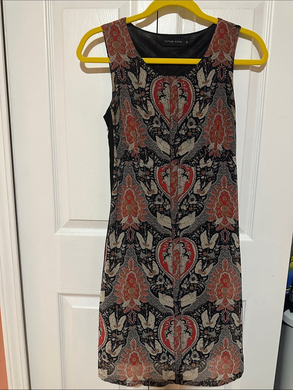 Future State Black Mini Dress with Red Paisley Print